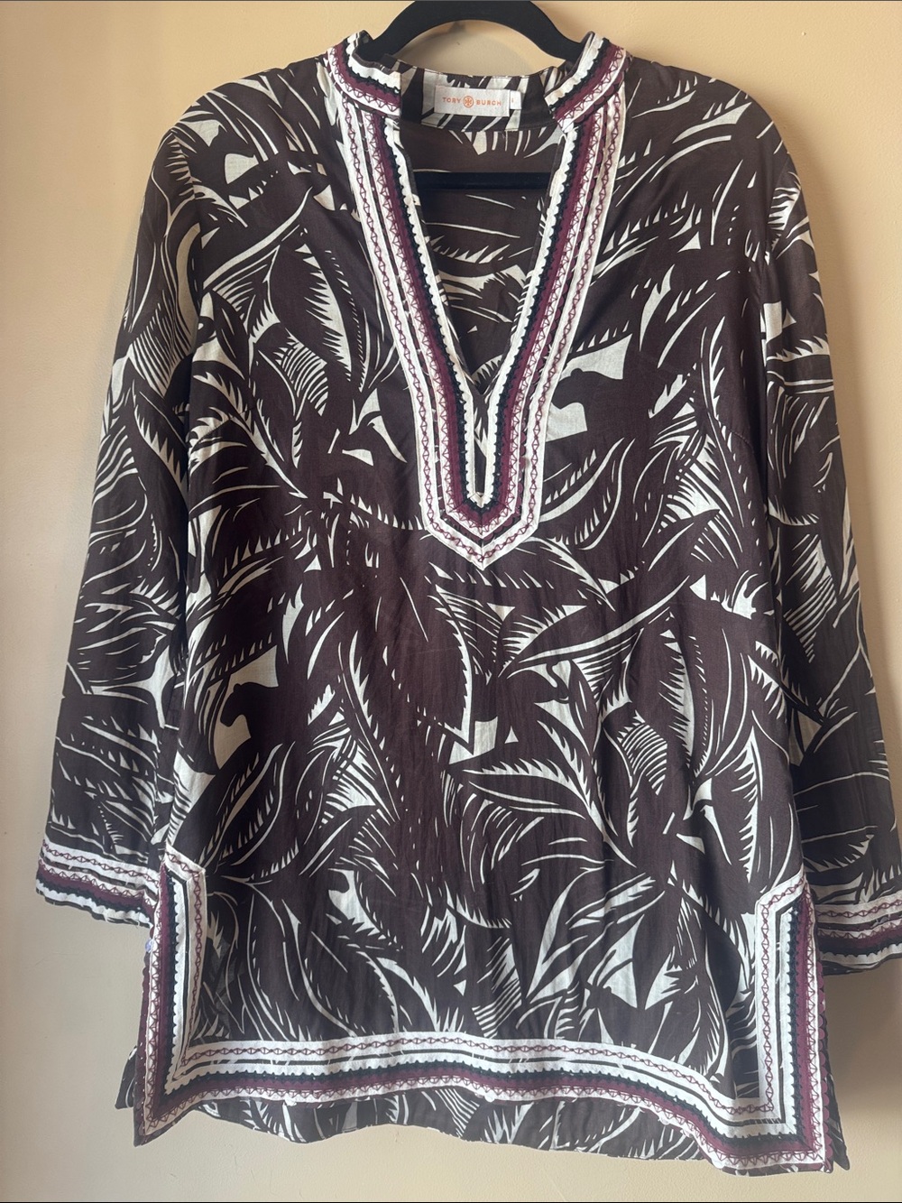 Tory Burch Brown and White Leaf-Print Tunic with Embroidered Trim